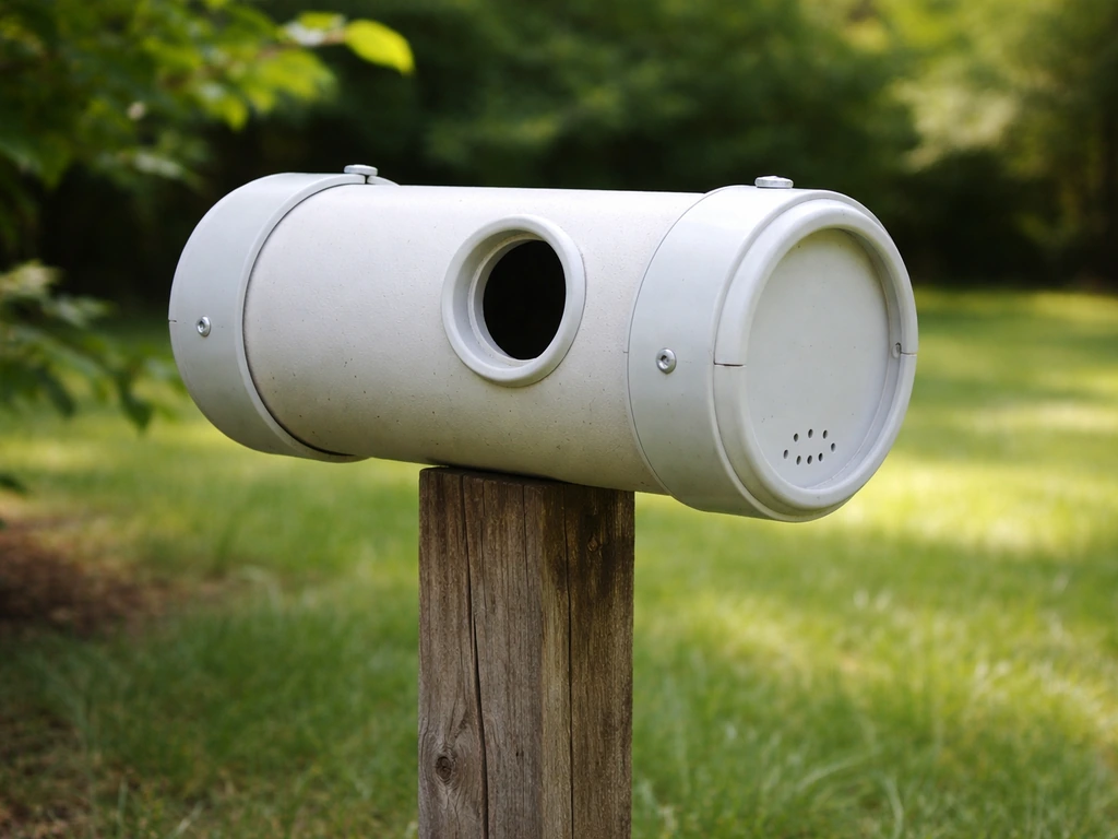 Finished PVC pipe birdhouse mounted outdoors on a wooden post, entrance hole visible.