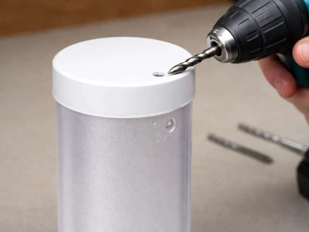 Close-up of drilling 1/4-inch ventilation holes just below a PVC birdhouse top cap with a drill.