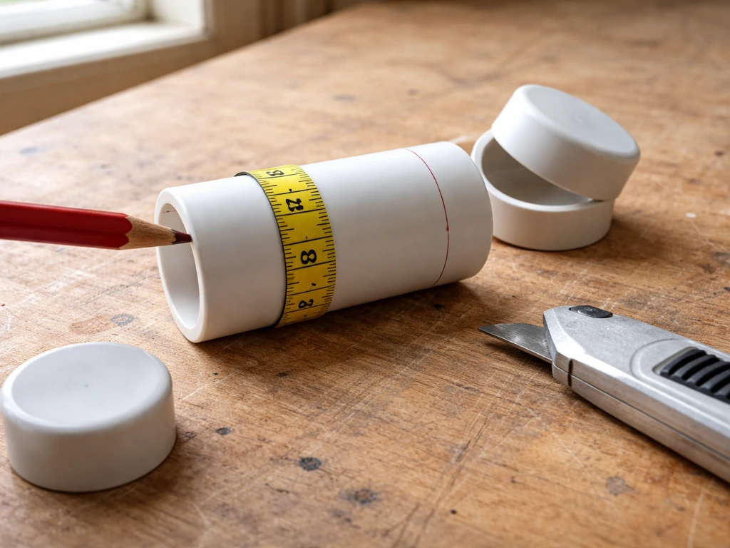 PVC pipe on a workbench with tape measure and pencil marking a cut line, caps nearby for fitting