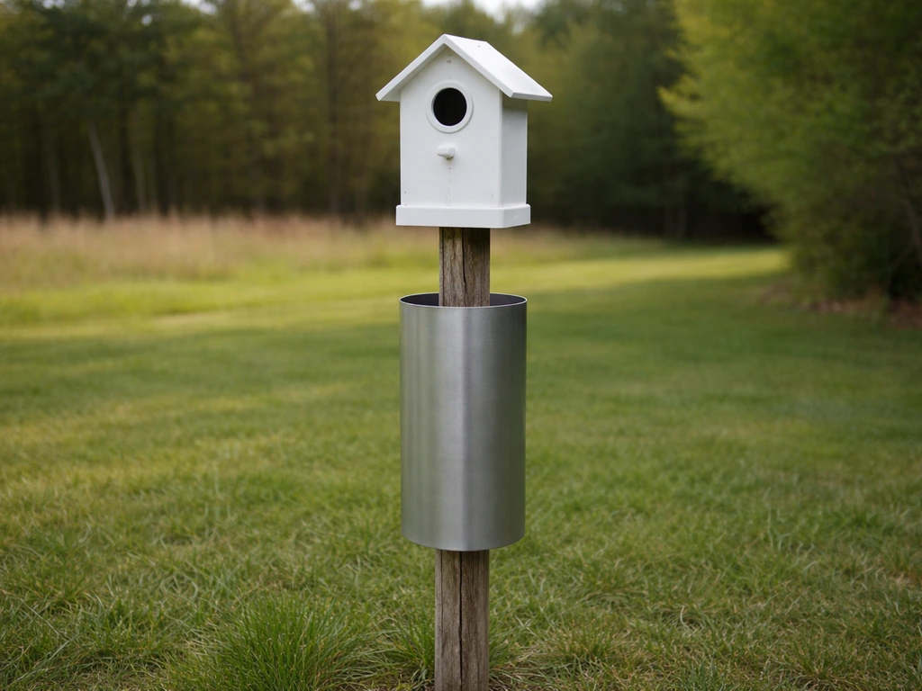 PVC birdhouse on a pole with a metal stovepipe predator baffle mounted below the entrance.