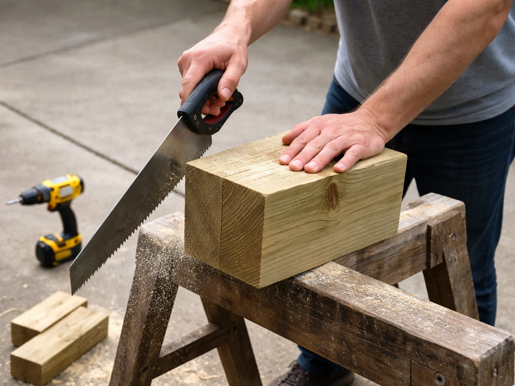 Person using a handsaw to cut a 4x4 post on a sawhorse, with a drill nearby on the ground.
