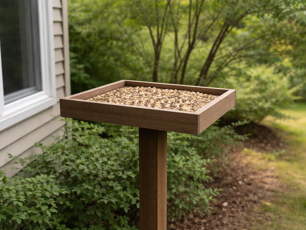 Backyard bird stand platform about 5–6 feet high, facing nearby shrubs and trees near a window.