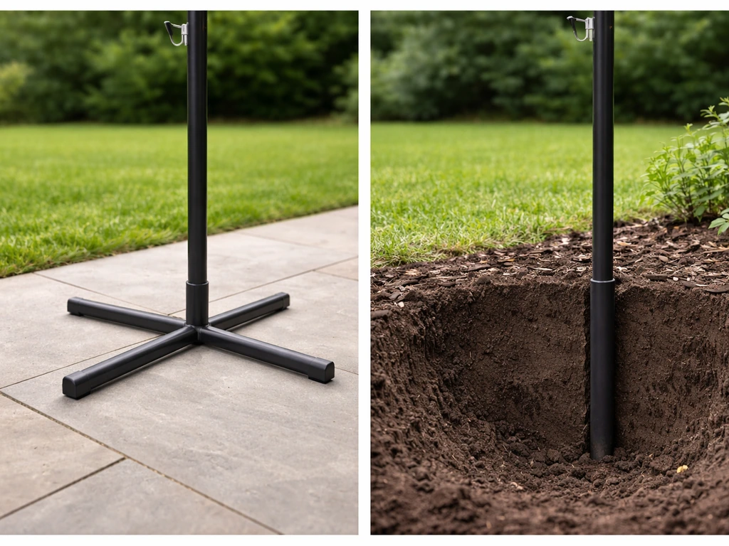 Split view showing a freestanding cross-base stand on patio grass and a buried post in soil.
