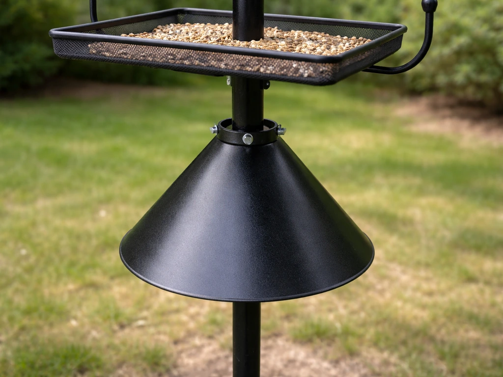Close-up of a metal squirrel baffle mounted under a bird stand platform on a vertical post.