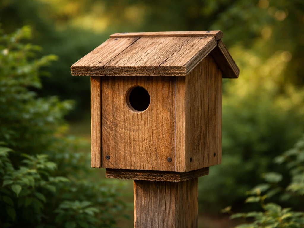 Rustic Carolina wren bird house mounted outdoors among shrubs, showing the small entrance hole and wood build.