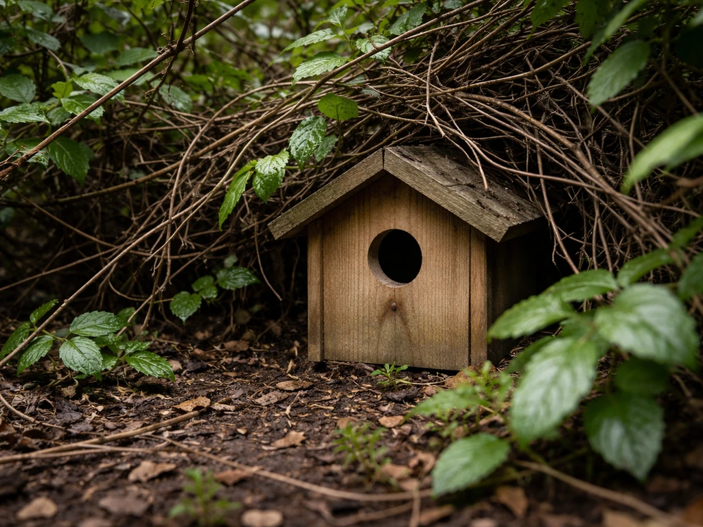 Low garden birdhouse tucked under tangled shrubs, with vines creating a sheltered, dark nest-site feel.
