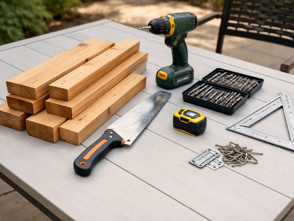 Cedar board pieces and basic DIY tools neatly laid out on a patio table in natural light.
