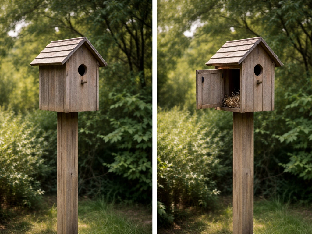 A birdhouse mounted 5–10 feet up on a fence post with shrubby cover nearby; roof opened for easy cleaning access.