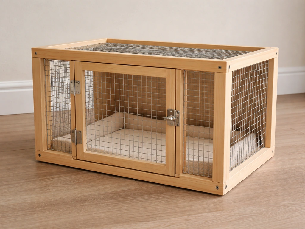 Finished wooden-and-mesh DIY bird carrier with a secure door and ventilation, ready for pet transport.