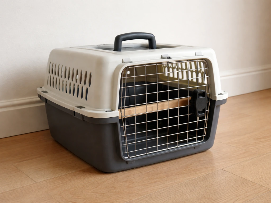 Close-up of an escape-proof pet bird carrier with vented sides and secure latch on a clean floor