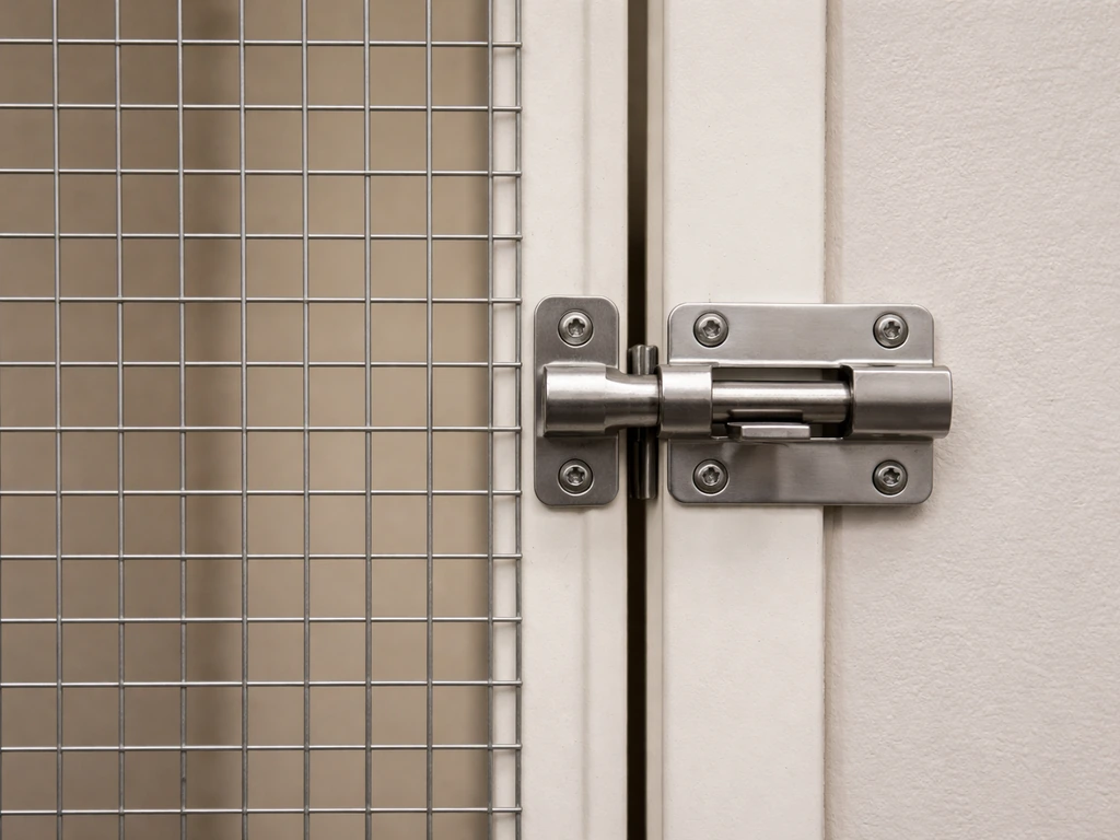 Close-up of taut wire mesh and a locked, tightly aligned door showing no escape gap.