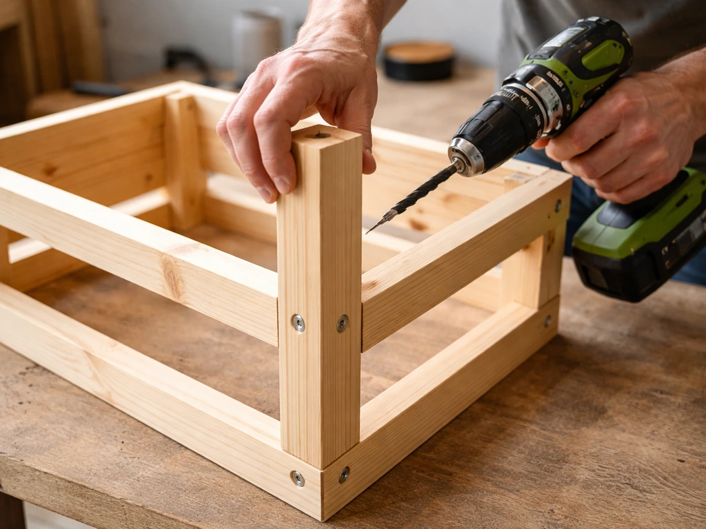 Close-up of wooden pet carrier frame assembly on a workbench with a drill and corner uprights.