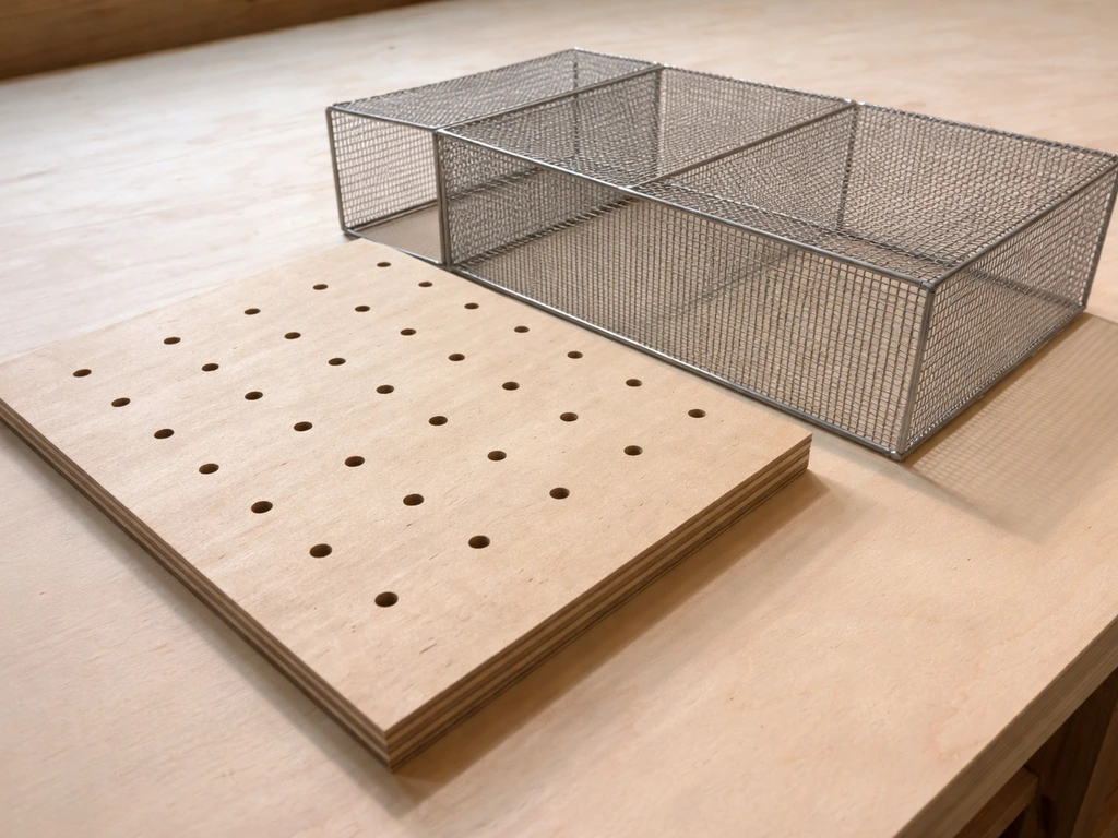 Close-up of a plywood base panel with small drainage holes and dry-fit stainless mesh sitting on a simple workbench