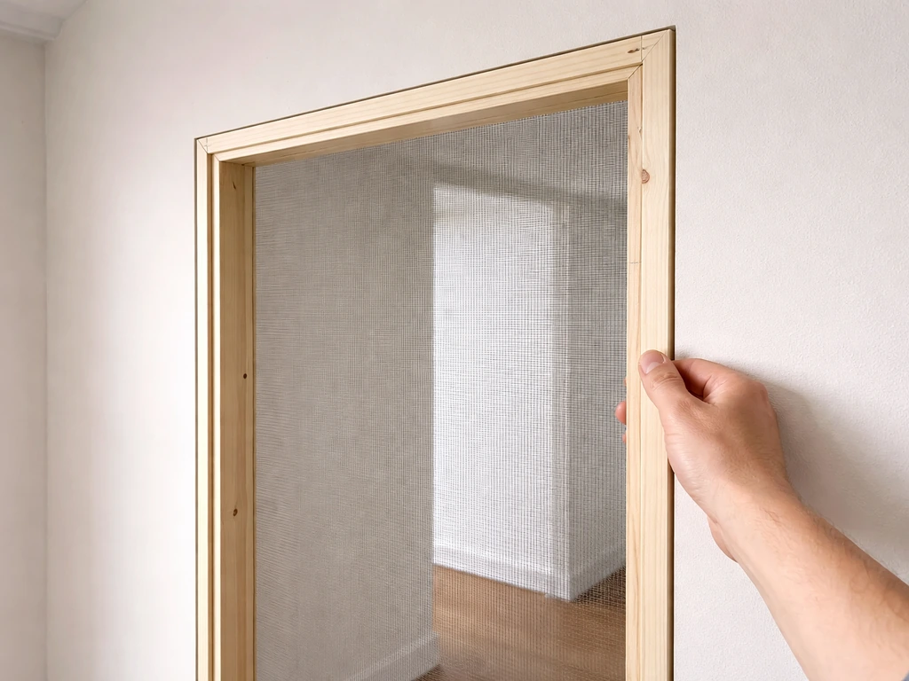 Close-up of a wooden door frame with mesh attached, positioned with small clearance gaps on an indoor wall opening