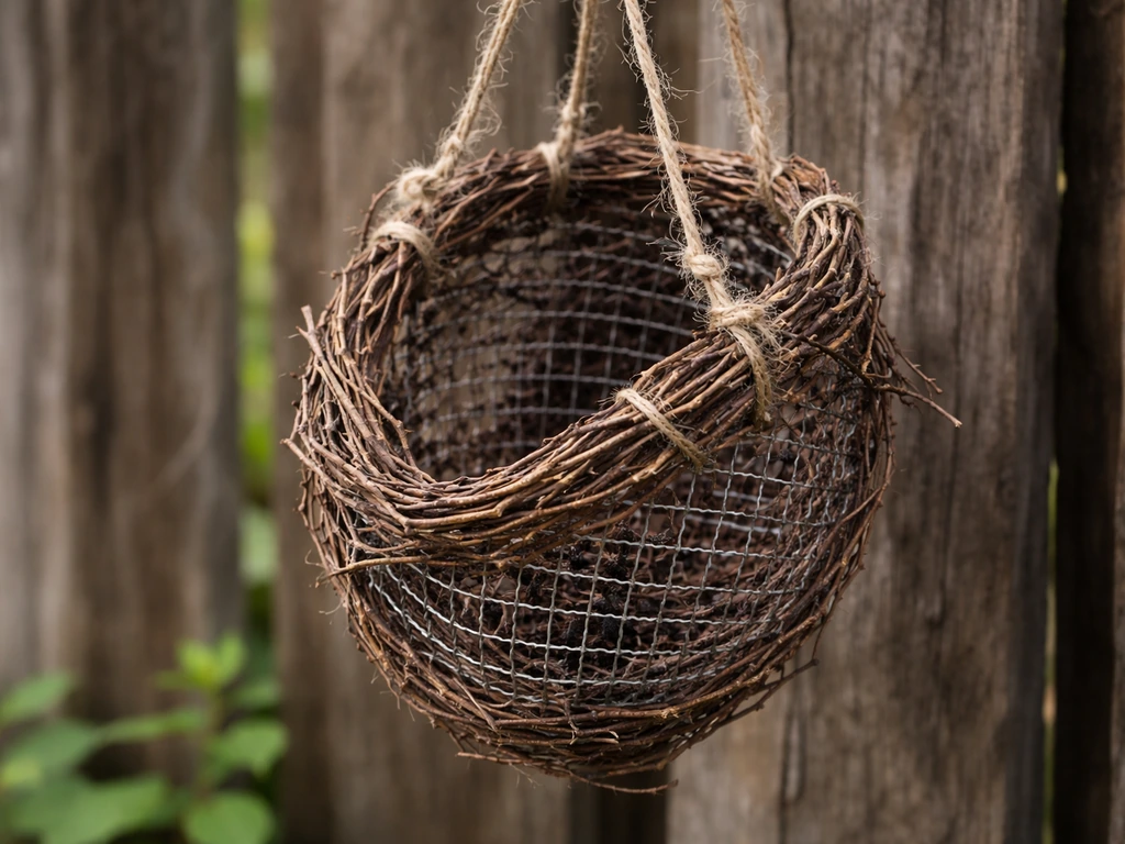 Unfinished wire-and-grapevine oriole nesting basket with twine loops, ready to mount outdoors.