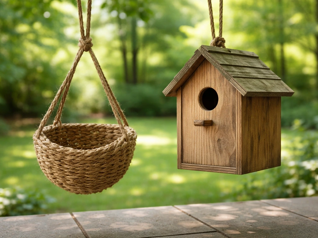 Side-by-side view of an open hanging oriole nest basket and an enclosed box-style birdhouse in a backyard