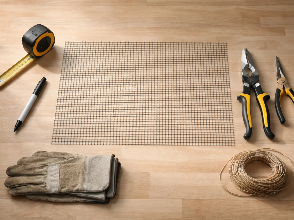 Flat-lay of wire mesh, wire cutters, pliers, tape measure, marker, gloves, and twine on a workbench.