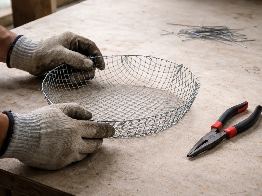 Hands shaping a circular wire mesh base into a hanging basket form with pliers and gloves