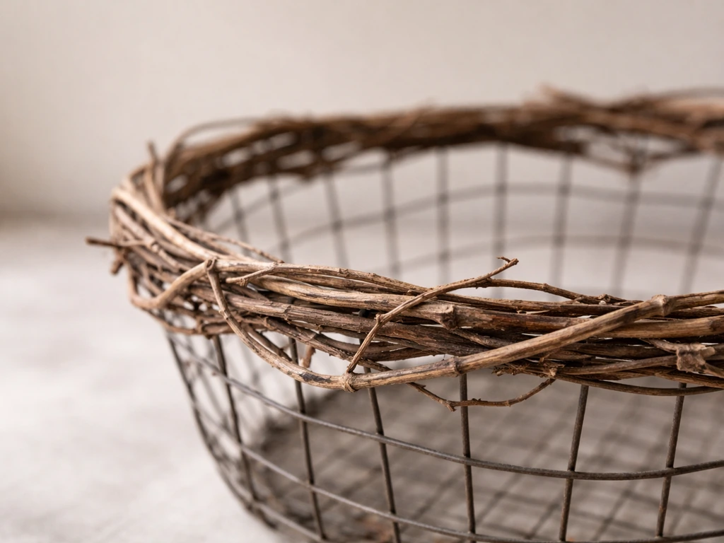Close-up of a wire basket rim wrapped with woven grapevine stems for natural texture and insulation.