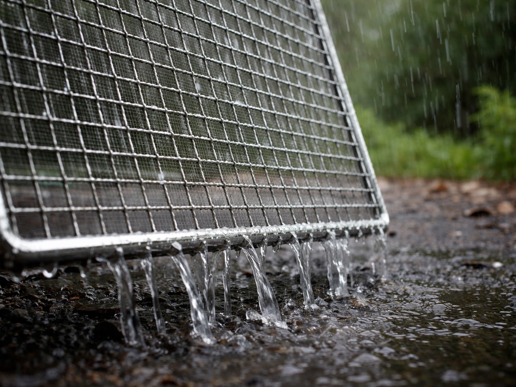 Open-weave wire mesh panel outdoors in rain, water draining through the gaps and down.