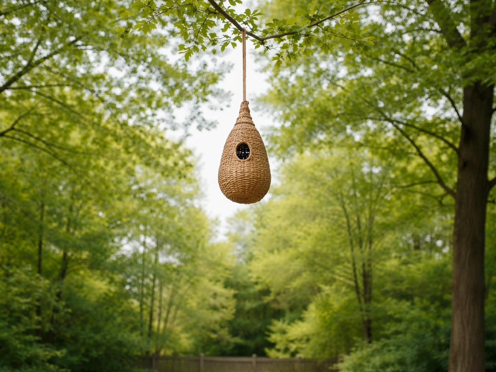 Oriole nest basket hanging high from a tall deciduous tree branch near the yard edge