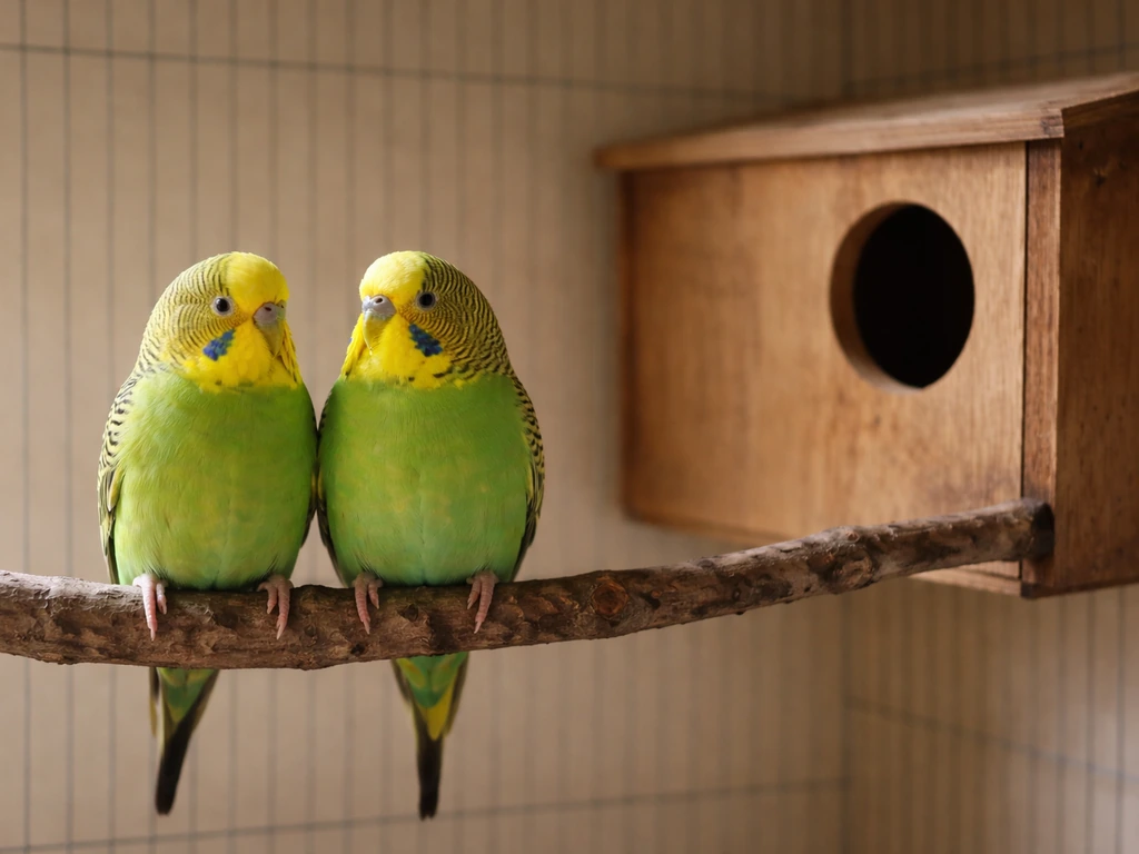 Budgerigars inside a simple aviary with a dark cavity nesting box nearby.