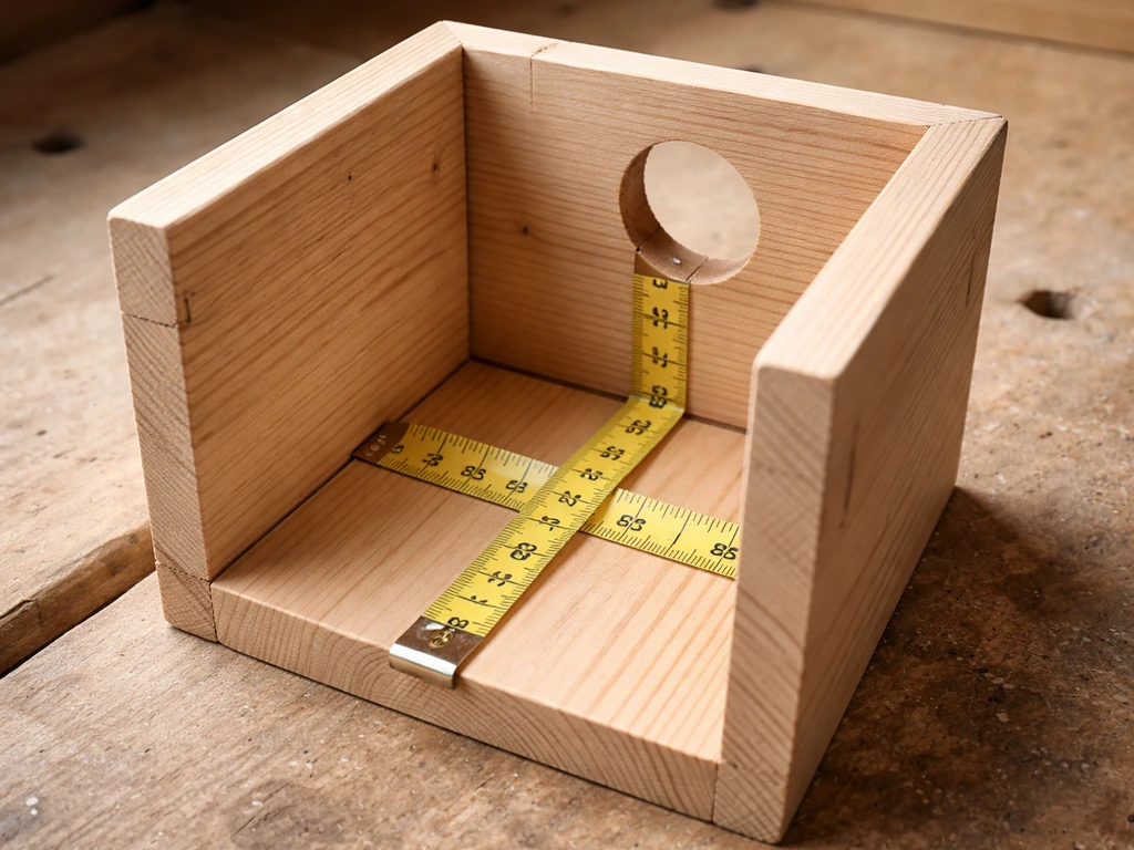 Measuring tape laid on a wooden budgie nesting box template with a clear 2-inch entrance hole.
