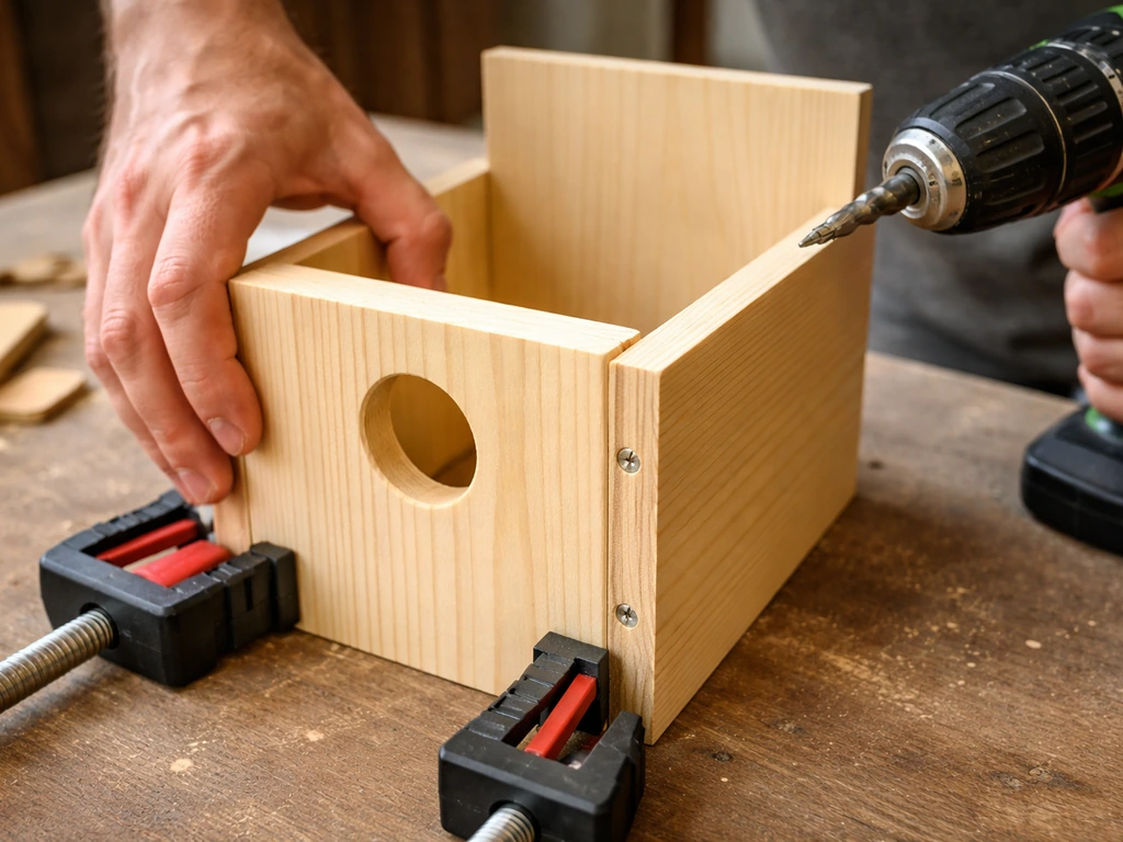 Hands using screws and clamps to assemble wooden nesting box panels with entrance hole marked by position
