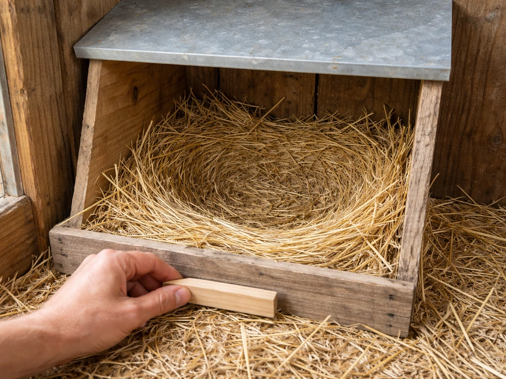 Close view of a leveled nesting box with a deeper concave nest bowl and straw bedding.