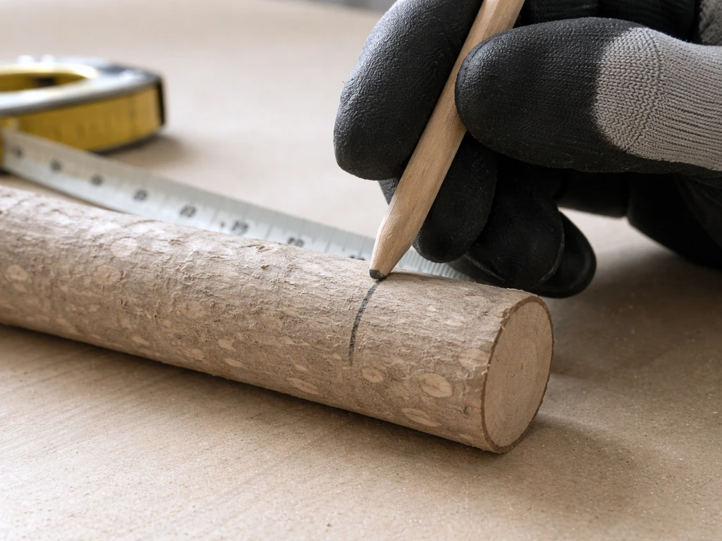 Gloved hand measuring the diameter of a bird-safe perch branch with a dowel on a simple work surface.