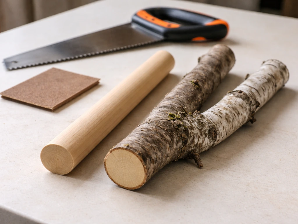 Untreated wooden dowel and a natural branch side by side on a workbench with cutting tools nearby.
