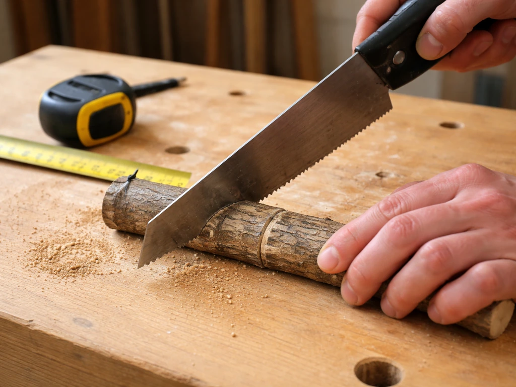 Hands cutting and measuring a wooden perch dowel to length on a workbench