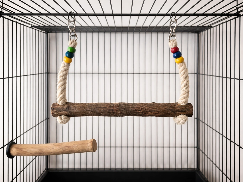 Bird cage interior with a rope swing in the upper third and a nearby perch for safe step-off