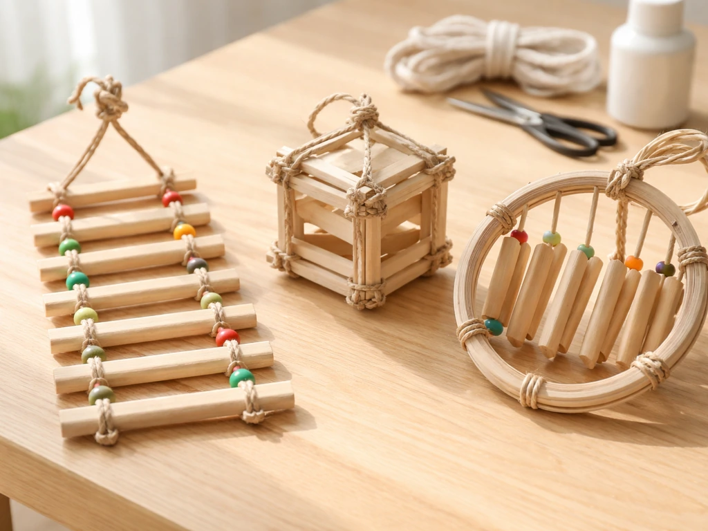 Three finished popsicle-stick bird toys—chew ladder, hanging cube, and foraging spinner—set on a clean table.