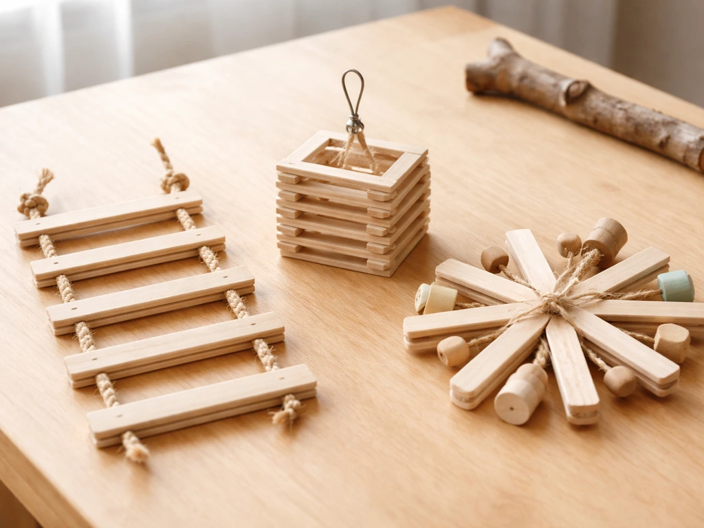Three handmade popsicle-stick bird toys: chew ladder, hanging block cube, and foraging spinner on a wooden table.