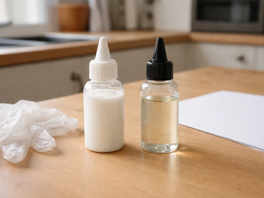 Kitchen workbench with a food-grade PVA bottle and an unsafe solvent-style glue bottle separated for contrast