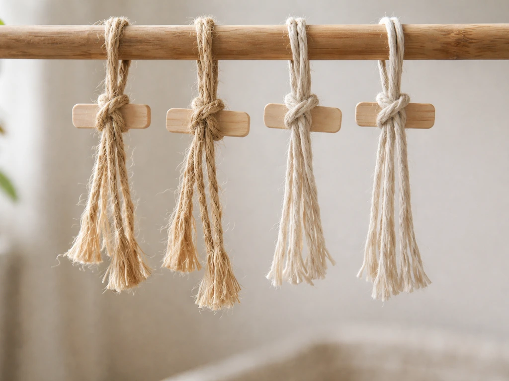 Untreated sisal and natural cotton twine tied to small popsicle-stick pieces, short lengths hanging safely