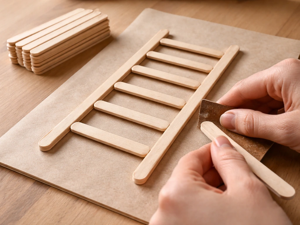 Hands sanding popsicle sticks and arranging side rails and rungs for a simple flat chew ladder.