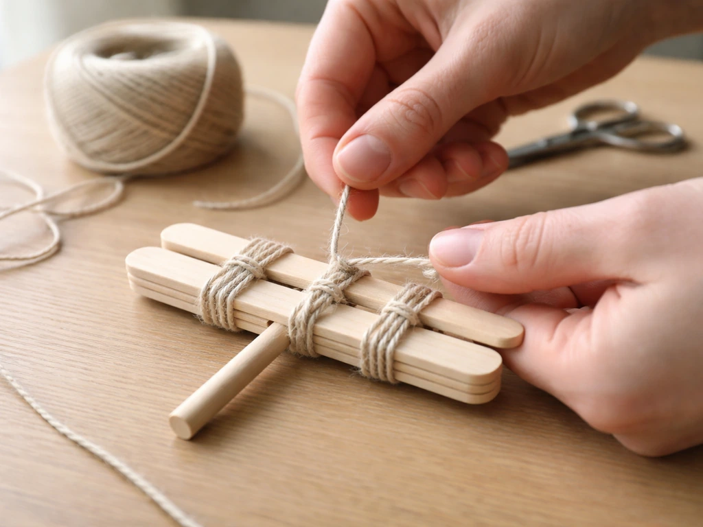 Close-up of hands wrapping cotton twine around three popsicle sticks on a central dowel.