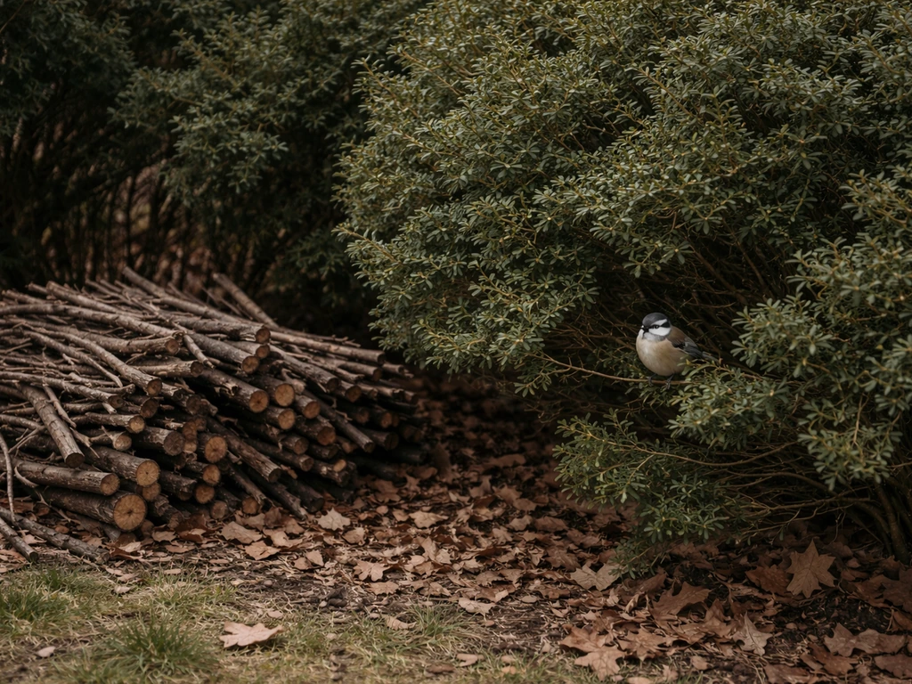 Evergreen shrubs and a brush pile in a quiet garden with a small bird perched nearby