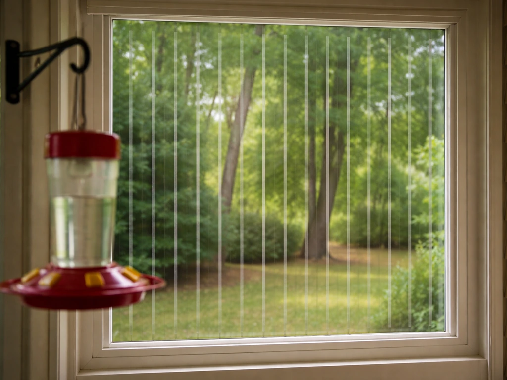 Close-up of bird-safe window film with a feeder nearby to show collision prevention setup