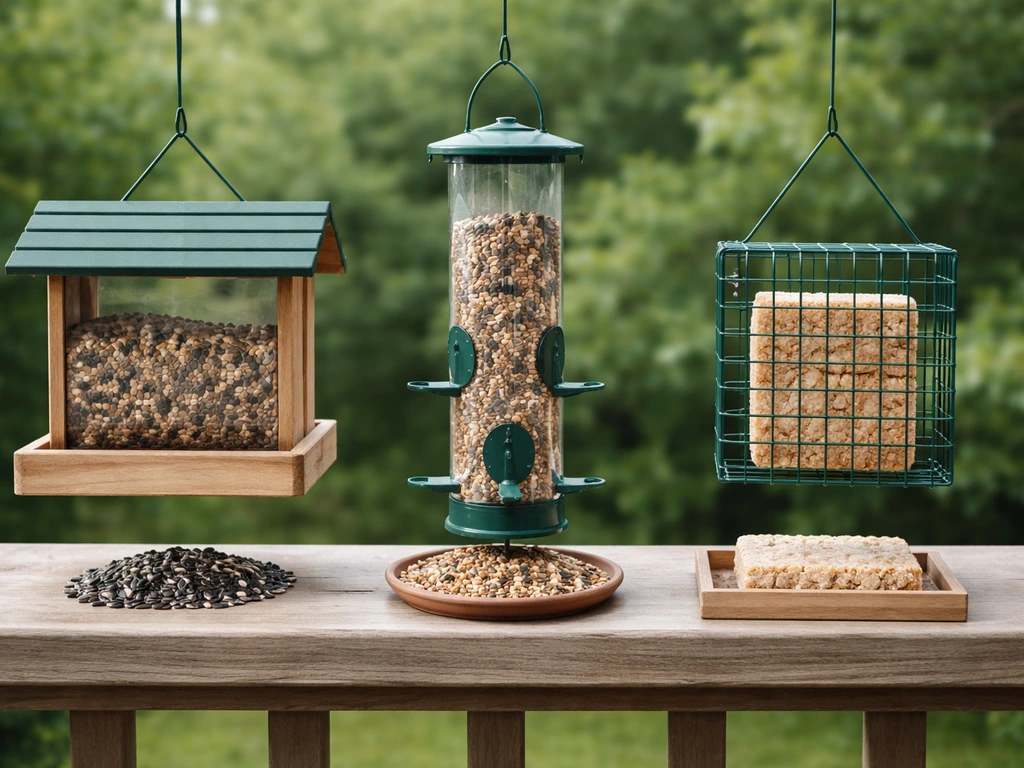 Close-up of bird feeders hanging outdoors with assorted seed and suet blocks on a simple wooden deck.