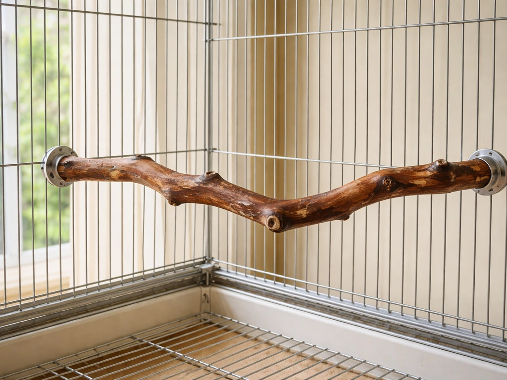 Curved manzanita bird perch with natural bark texture mounted inside a bird cage.