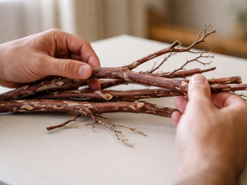 Hands inspecting raw manzanita branches indoors, checking intact bark and usable shapes.