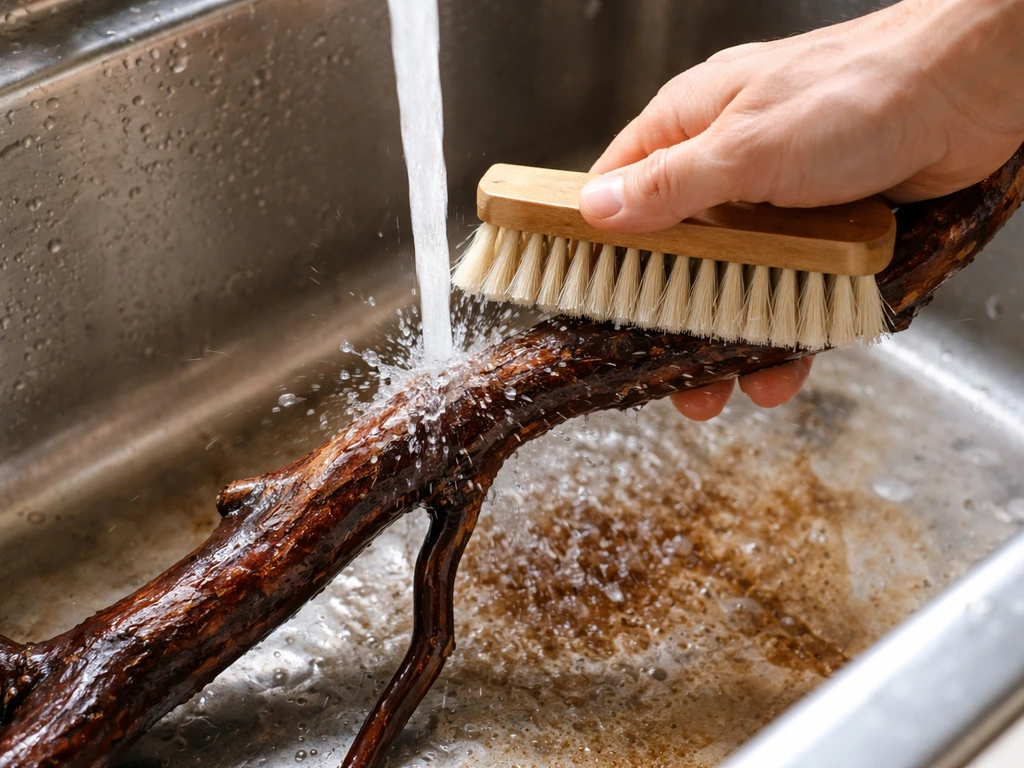 Hand scrubbing a manzanita branch with a stiff brush under hot running water, dirty runoff visible.