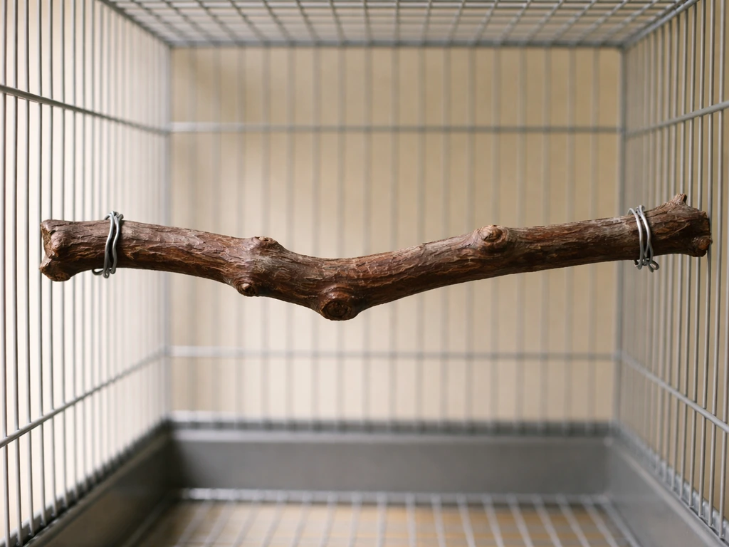Close-up of a small pet bird cage with a single manzanita branch mounted horizontally and tied at both ends