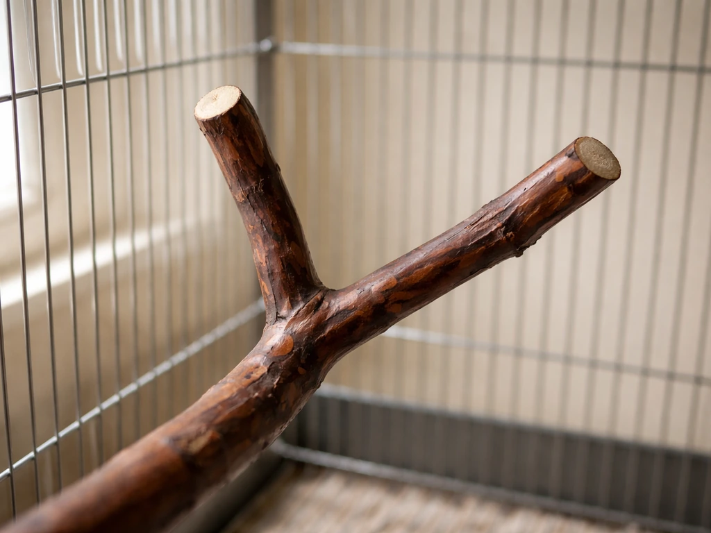 A trimmed Y-shaped manzanita branch used as a perch inside an empty bird cage.