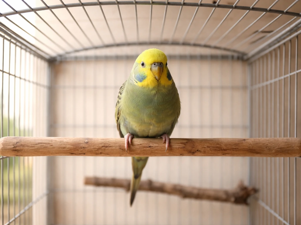 Small bird perched on the top wooden perch inside a simple aviary, showing safe head-to-ceiling spacing.