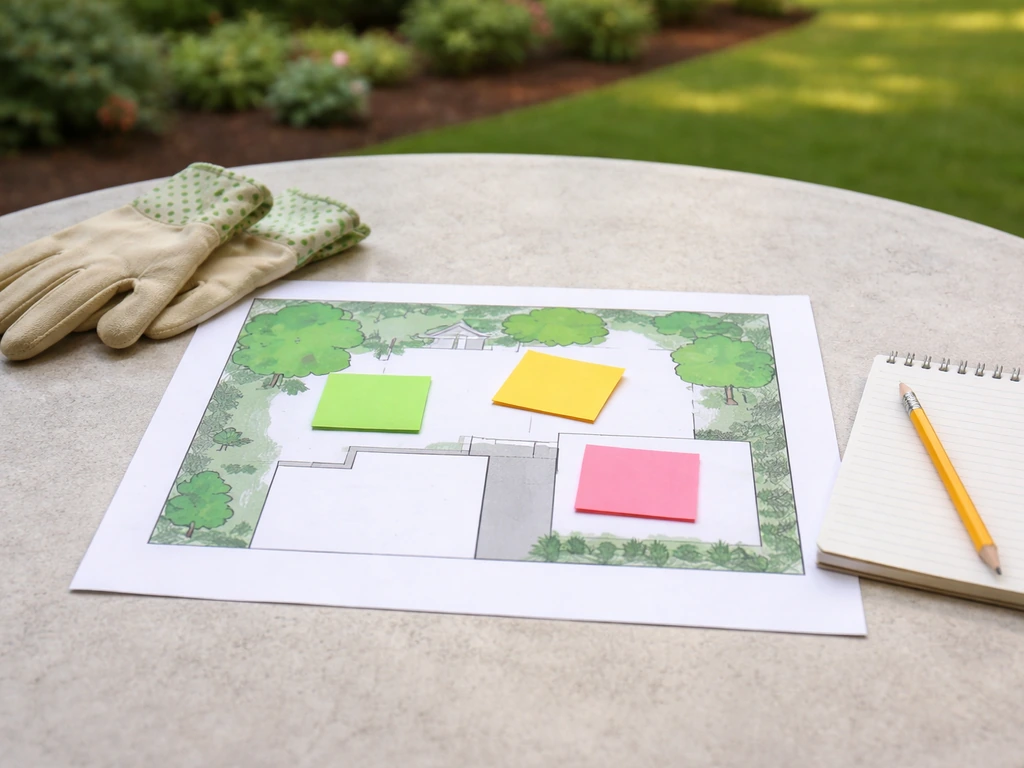 Top-down view of a backyard yard with simple marked zones for bird feeder, sunny plants, and shelter areas