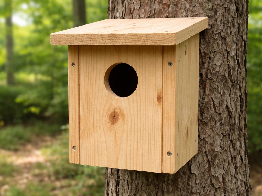 Unfinished wooden bird nest box mounted on a tree, with the circular entrance hole visible.